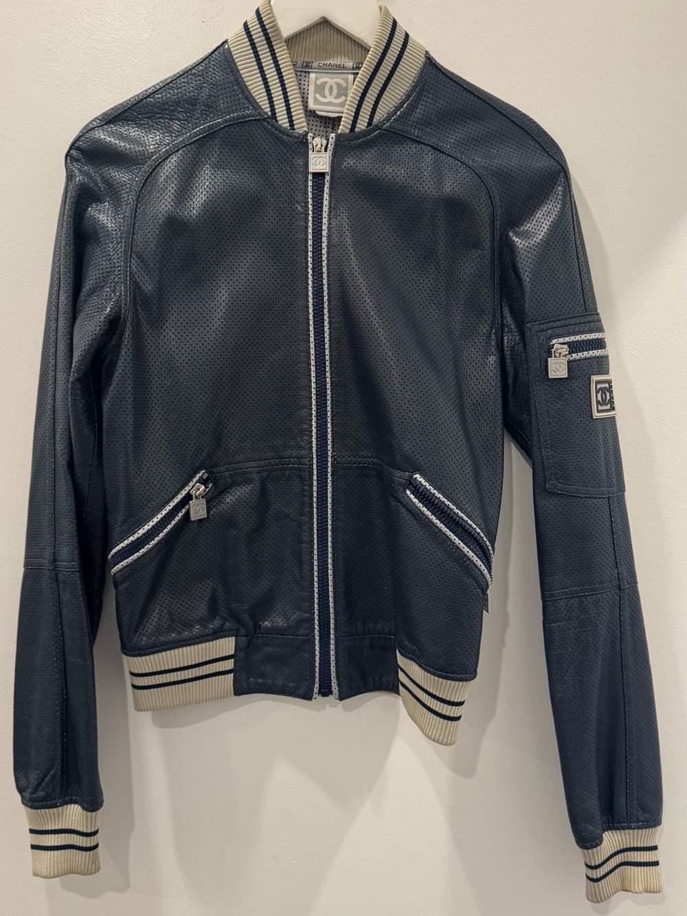 CHANEL Navy Perforated Leather Bomber with Cream Stripe Ribbing